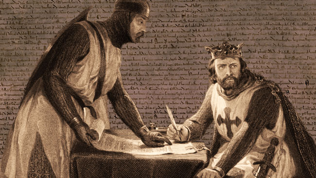 Drawing of King John signing the Magna Carta, with the document displayed in the background.