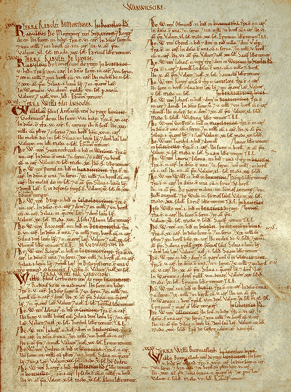 Photo of page from the Domesday Book for Warwickshire