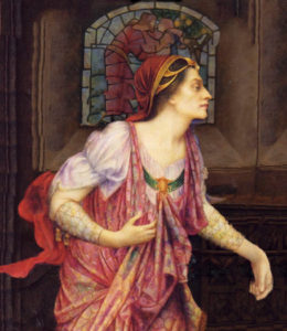 Detail from "Queen Eleanor &amp; Fair Rosamund" (1905), a painting by Evelyn De Morgan