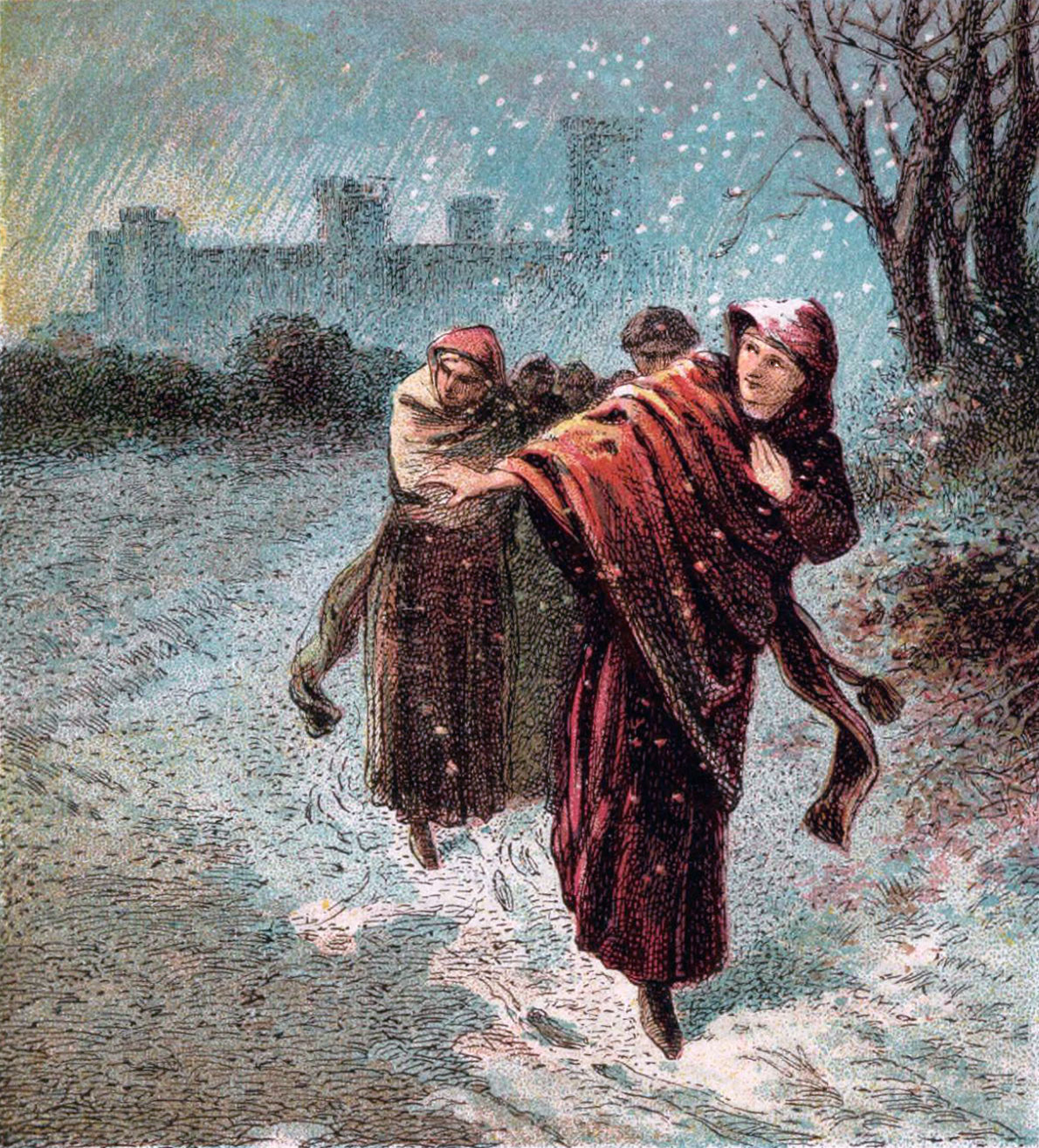 Painting of Empress Matilda escaping Oxford Castle, Christmas 1141 by Joseph Martin Kronheim, 1810-96