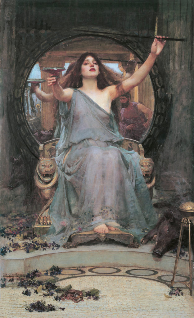 Painting of Circe offering her cup of enchantment to Odysseus, 1891, by John William Waterhouse (1849-1917)