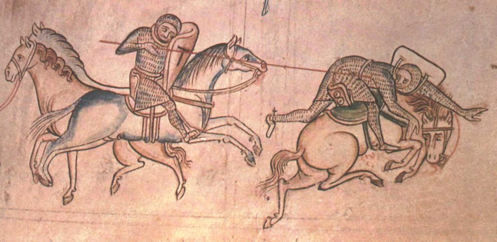 Drawing of William Marshal on his destrier winning a jousting tournament