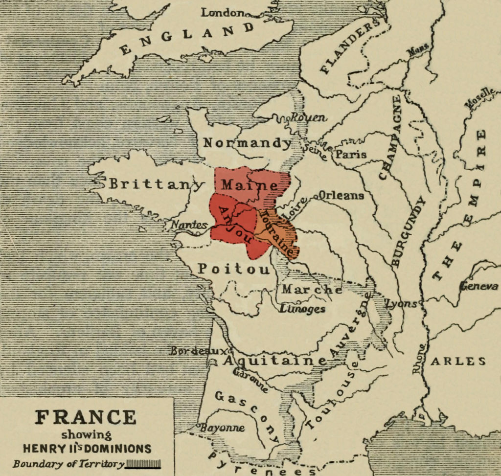 Map showing the location of the counties of Anjou, Maine, and Touraine.